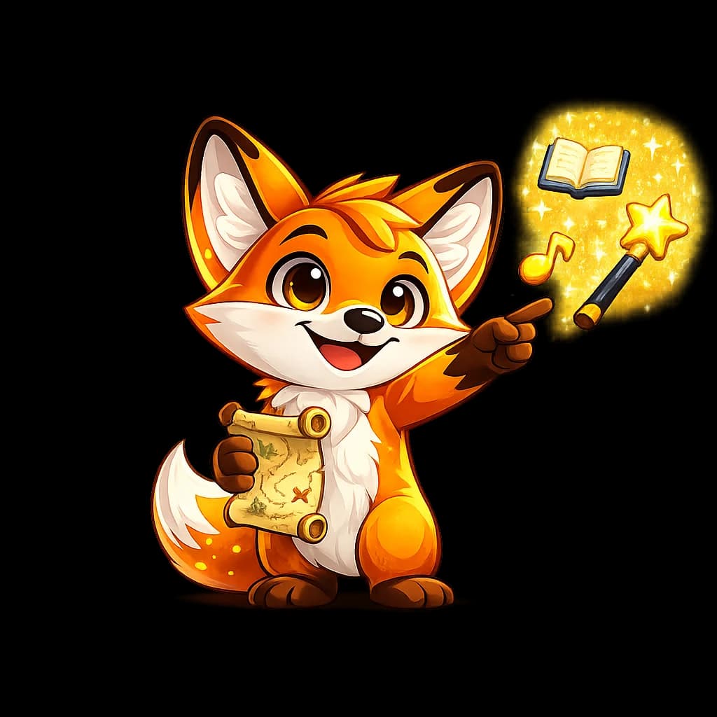 Fox mascot guiding story discovery.