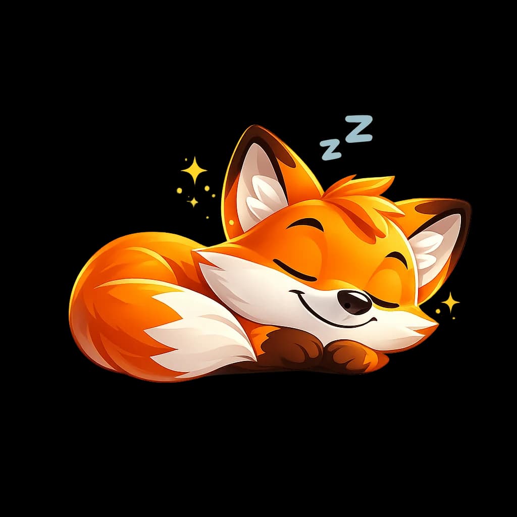 Sleepy fox mascot for bedtime sections.
