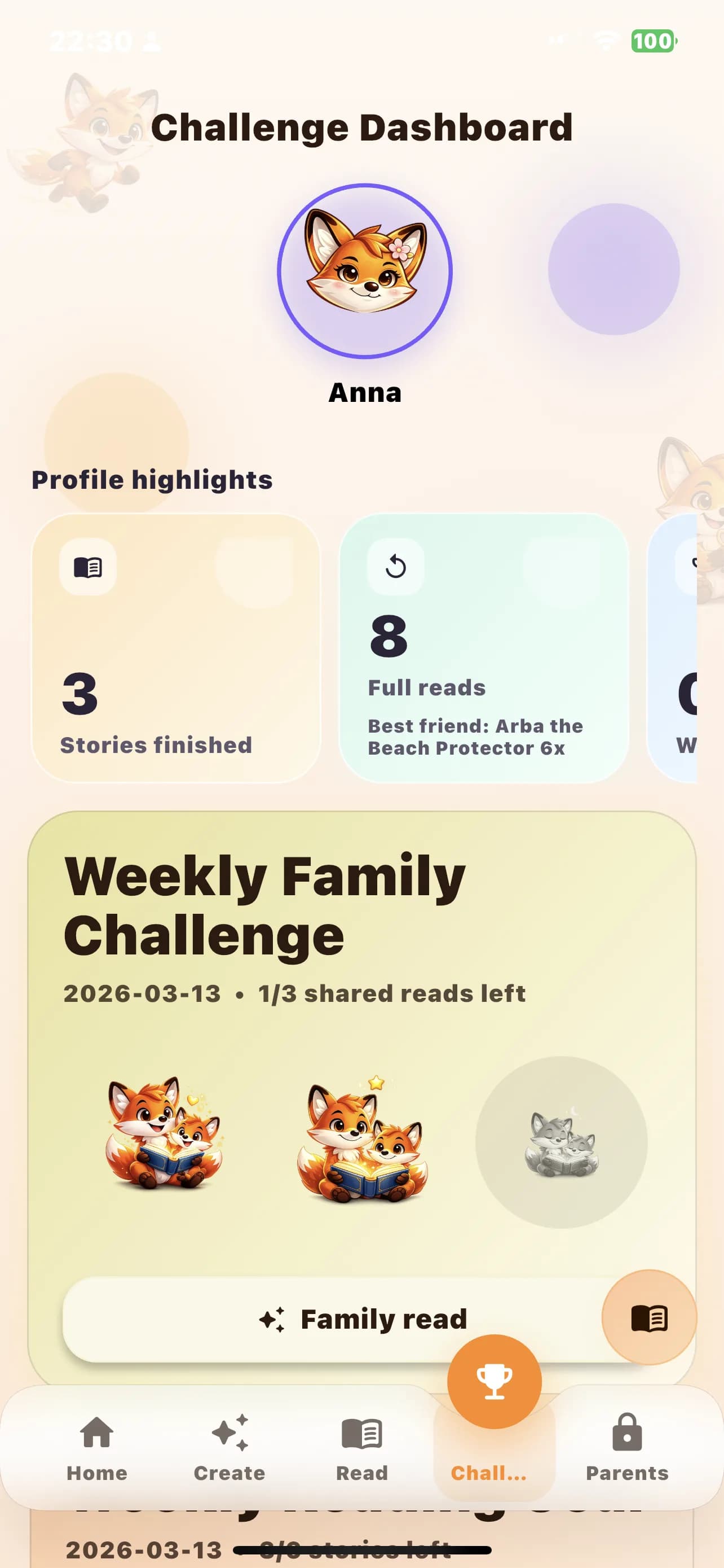 Lumora Kids challenge and trophies screen showing reading progress and achievements.