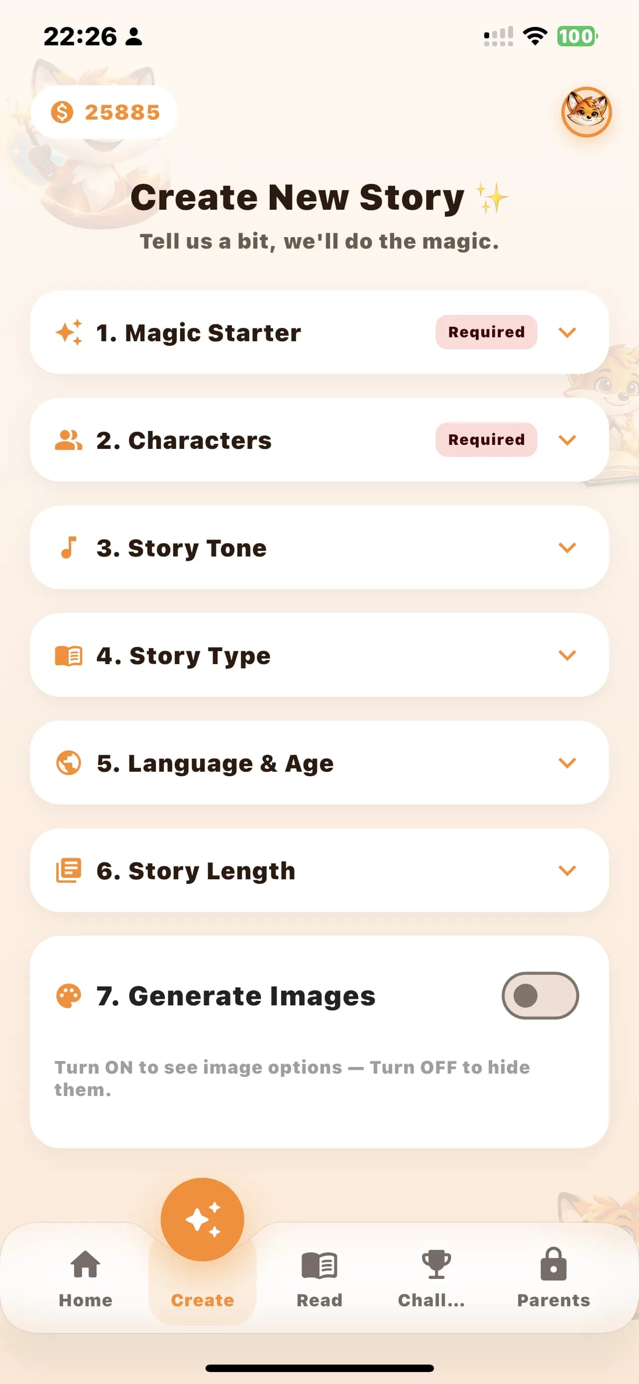 Lumora Kids story creation screen with guided setup for story generation.
