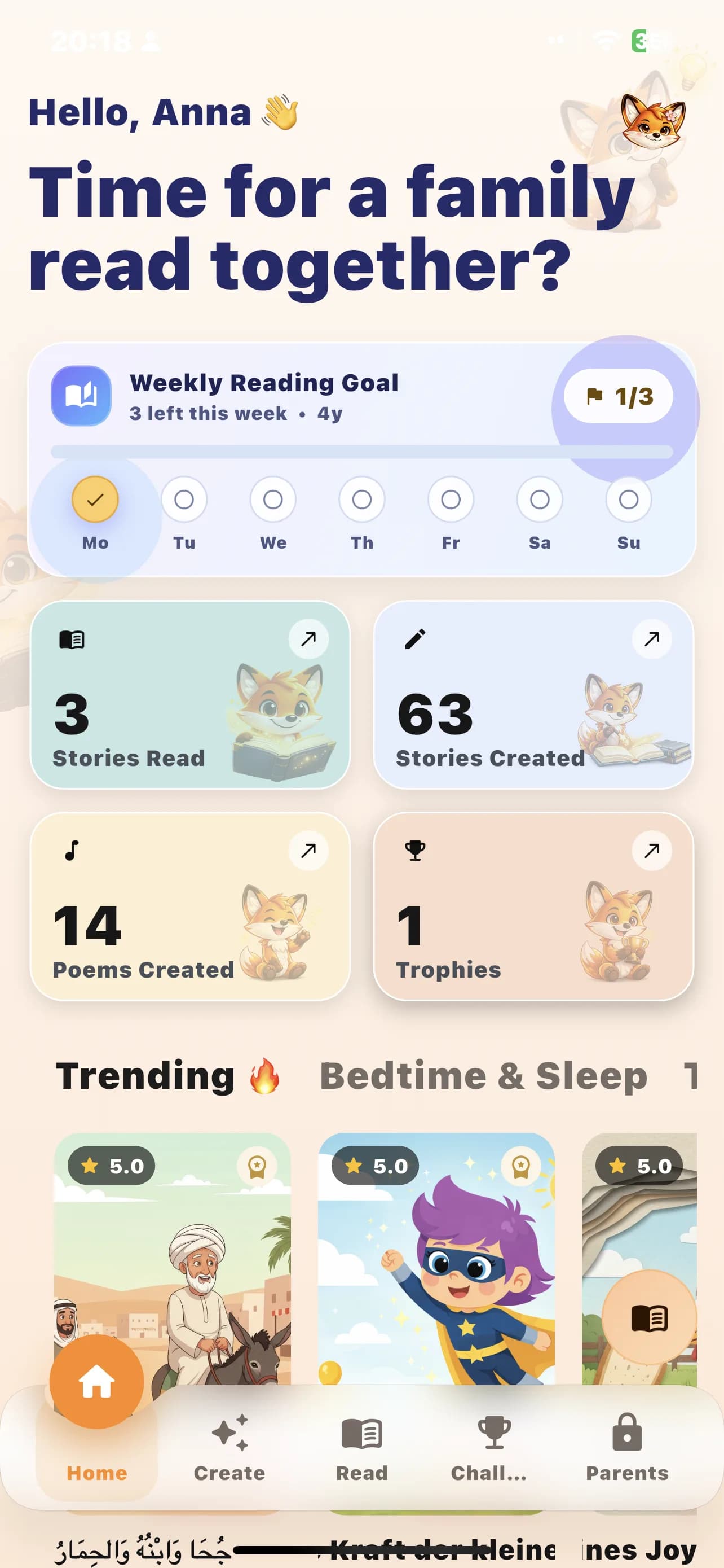 Lumora Kids mobile app home screen showing reading goals, story modes, and new story discovery.