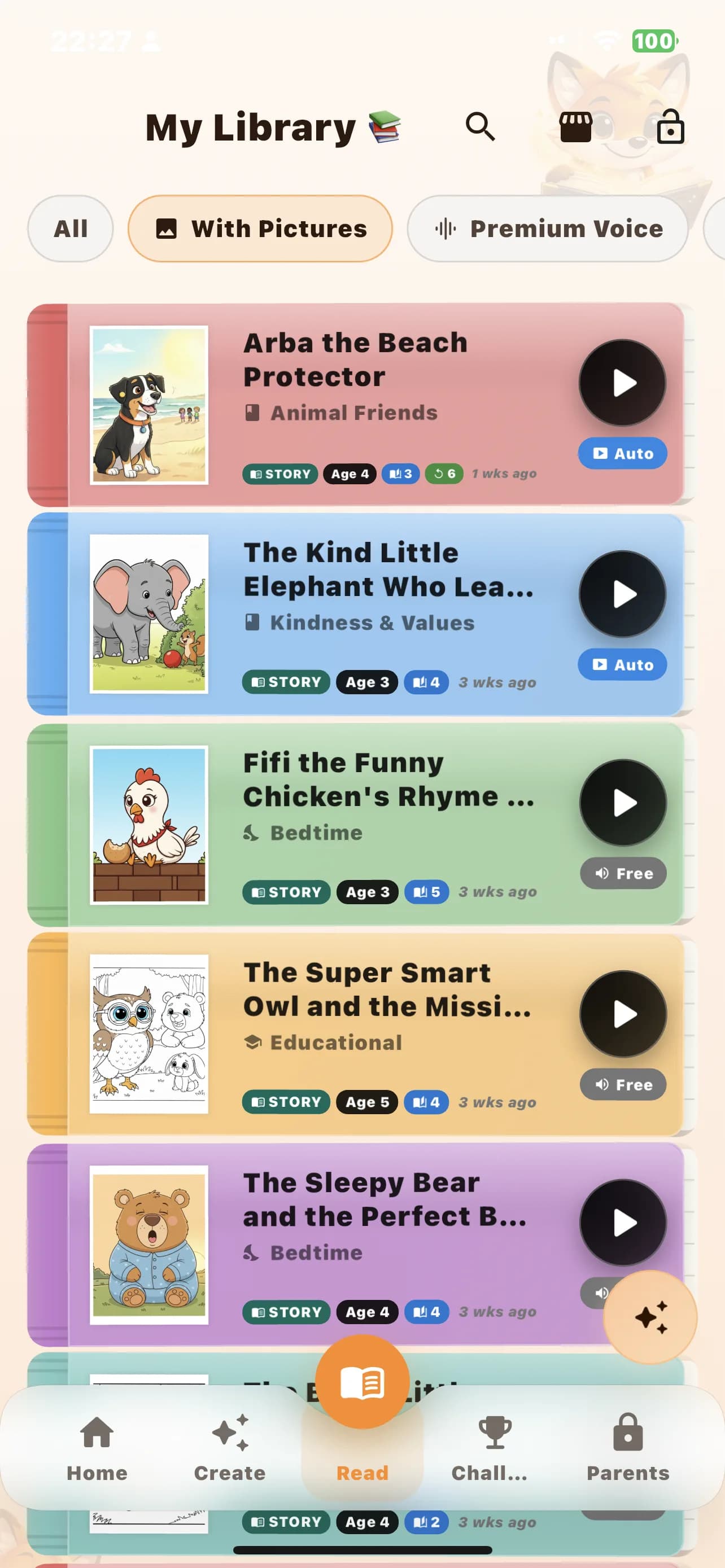 Lumora Kids story library screen with colorful covers, story rows, and quick listening actions.