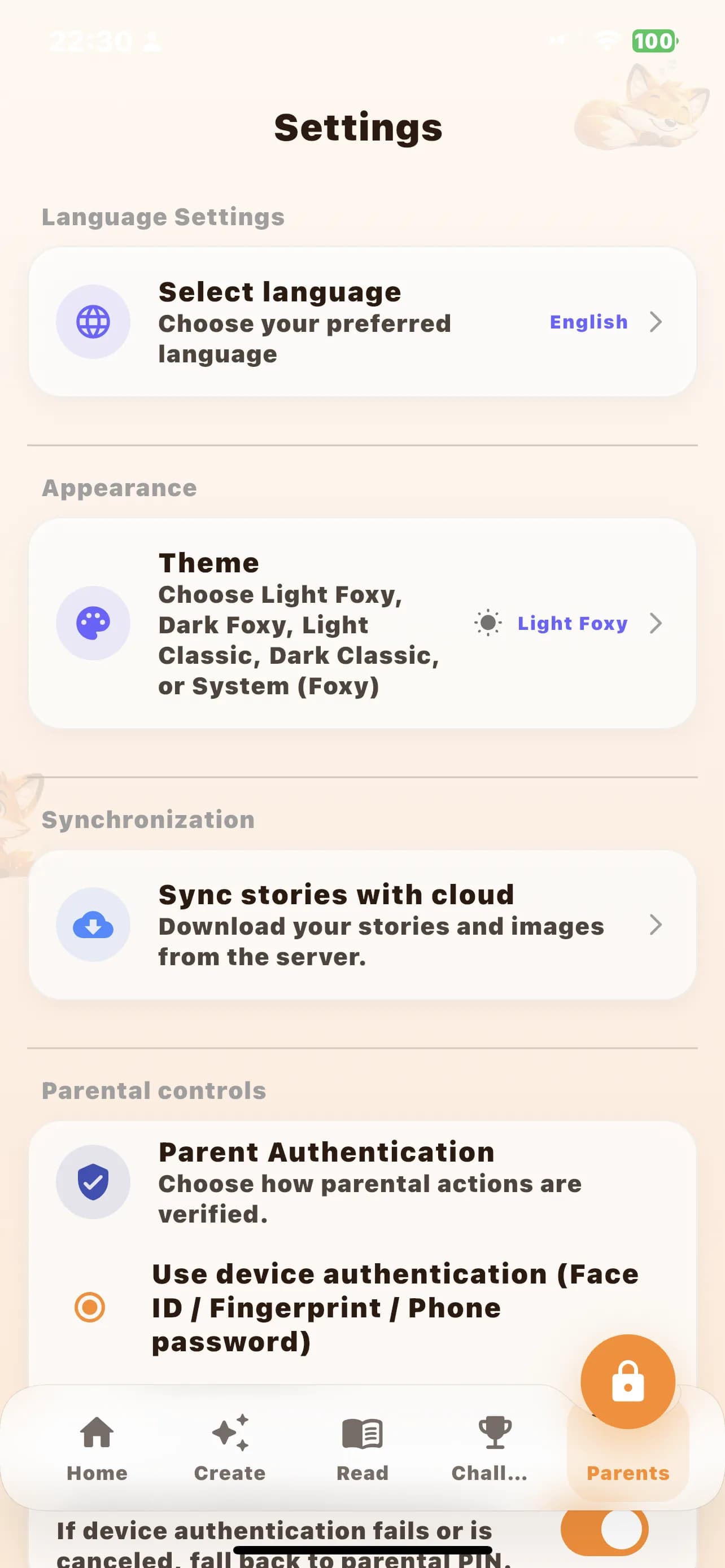 Lumora Kids settings screen showing family controls and account options.
